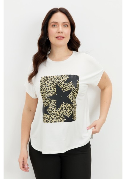 Büyük Beden Leopar Baskı Bluz-Kemık