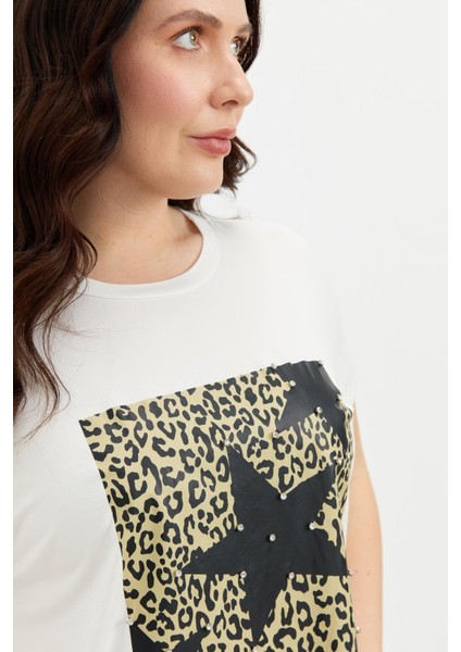 Büyük Beden Leopar Baskı Bluz-Kemık