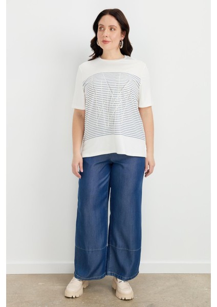 Büyük Beden Çizgi Desen Bluz-Indigo