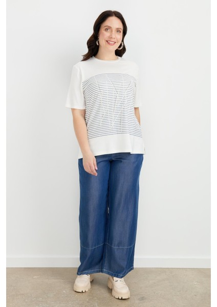 Büyük Beden Çizgi Desen Bluz-Indigo modelleri