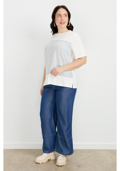 Büyük Beden Çizgi Desen Bluz-Indigo fırsatları