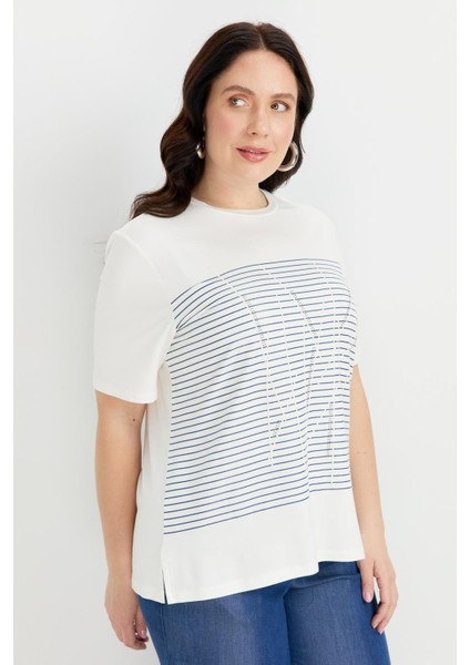 Büyük Beden Çizgi Desen Bluz-Indigo indirimleri