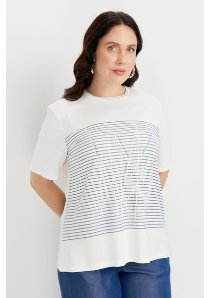 Büyük Beden Çizgi Desen Bluz-Indigo