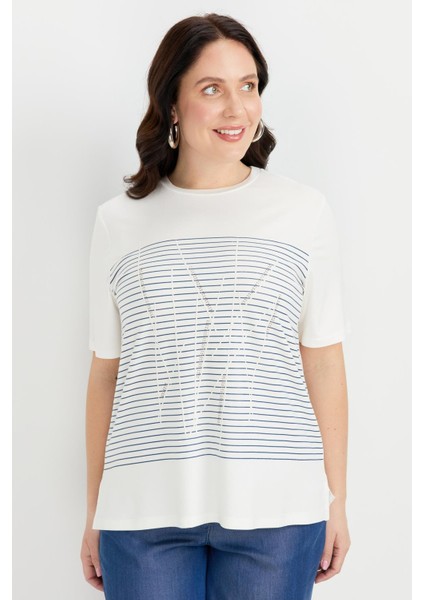 Büyük Beden Çizgi Desen Bluz-Indigo