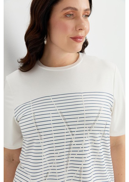 Büyük Beden Çizgi Desen Bluz-Indigo