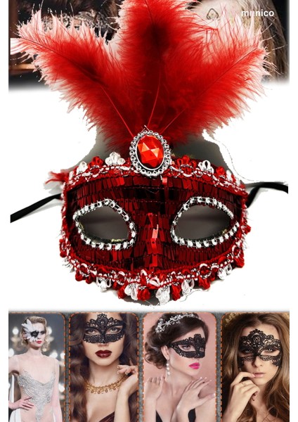 3 Adet Şık Kırmızı Parti Maskesi Tüylü ve Payetli, Plastik Gövdeli | Karnaval ve Sahne Performanslar fiyatları