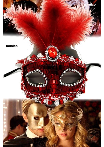 3 Adet Şık Kırmızı Parti Maskesi Tüylü ve Payetli, Plastik Gövdeli | Karnaval ve Sahne Performanslar modelleri