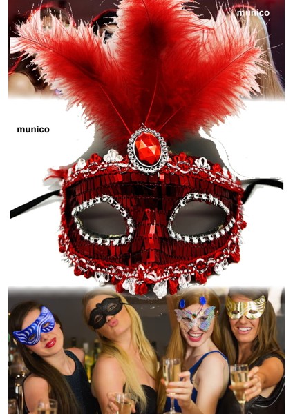 3 Adet Şık Kırmızı Parti Maskesi Tüylü ve Payetli, Plastik Gövdeli | Karnaval ve Sahne Performanslar fırsatları