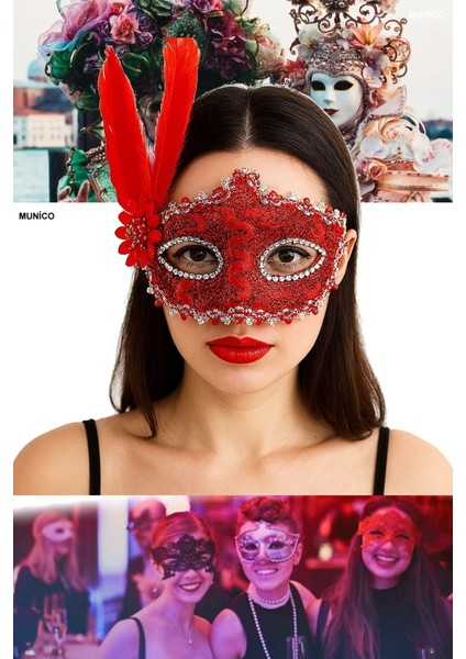 Kırmızı Dantelli Parti Maskesi Tüylü ve Taşlı, Göz Çevresi Işlemeli | Maskeli Balo Aksesuarı