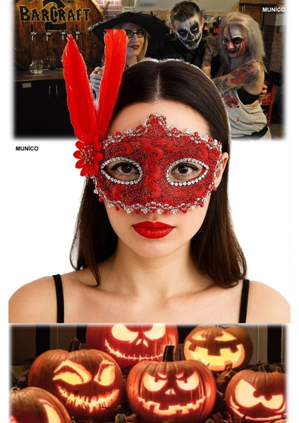 Kırmızı Dantelli Parti Maskesi Tüylü ve Taşlı, Göz Çevresi Işlemeli | Maskeli Balo Aksesuarı modelleri