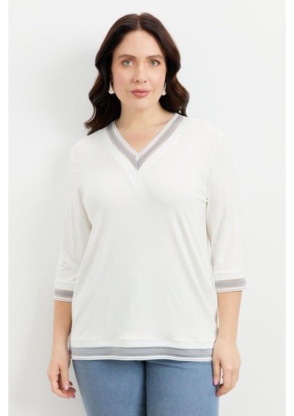 Büyük Beden Tül Şerit Detaylı Bluz-Gri