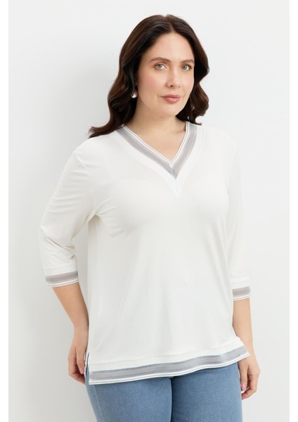 Büyük Beden Tül Şerit Detaylı Bluz-Gri fiyatları