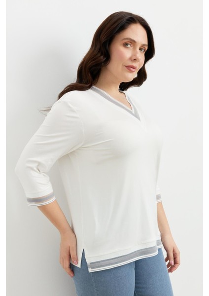 Büyük Beden Tül Şerit Detaylı Bluz-Gri fırsatları