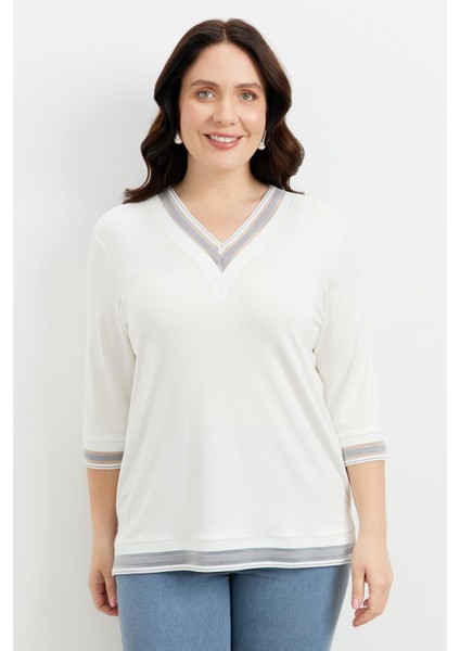 Büyük Beden Tül Şerit Detaylı Bluz-Gri indirimleri