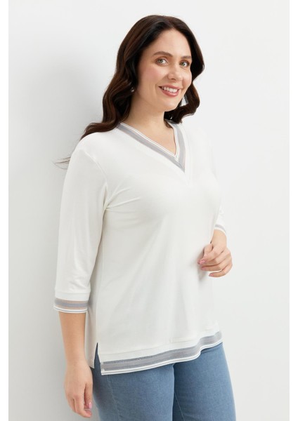 Büyük Beden Tül Şerit Detaylı Bluz-Gri