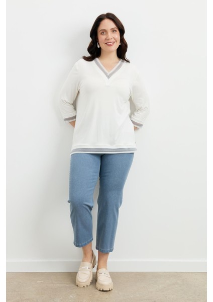 Büyük Beden Tül Şerit Detaylı Bluz-Gri