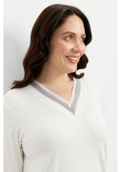 Büyük Beden Tül Şerit Detaylı Bluz-Gri