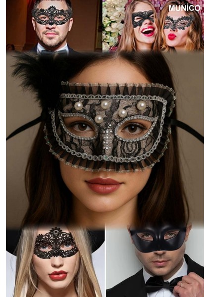 3 Adet Inci Işlemeli Siyah Parti Maskesi Tüylü ve Taşlı Dantelli Tasarım Zarif Göz Alıcı Görünüm