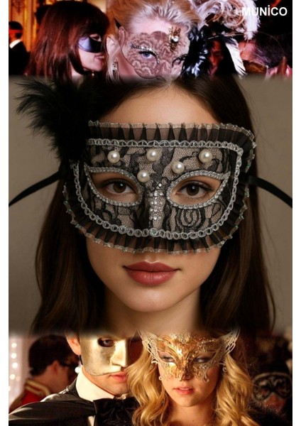 3 Adet Inci Işlemeli Siyah Parti Maskesi Tüylü ve Taşlı Dantelli Tasarım Zarif Göz Alıcı Görünüm fırsatları