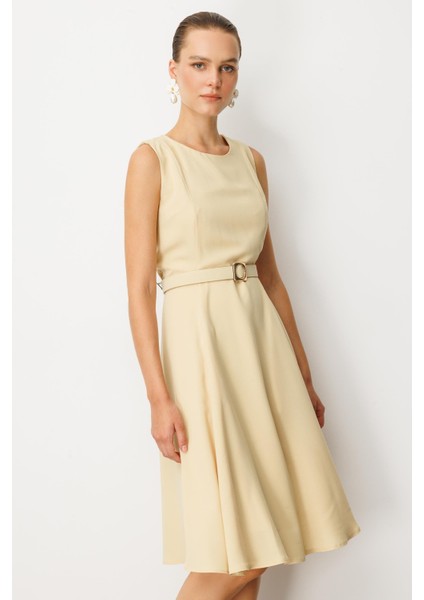 Cep Detaylı Kolsuz Krep Elbise-Sarı indirimleri