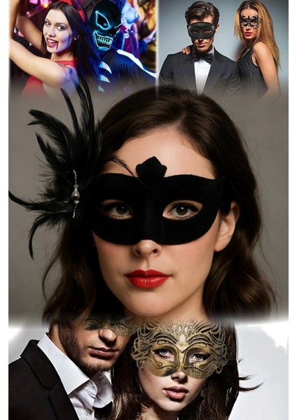 2 Adet Beyaz Incili Siyah Parti Maske Süet Kaplama Tüylü Yan Tasarım 18X15 cm Rahat Kullanım