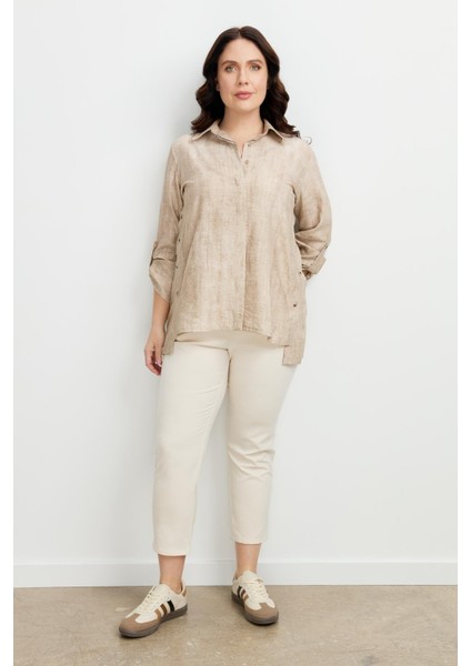 Büyük Beden Eskitme Desen Gömlek-Taş