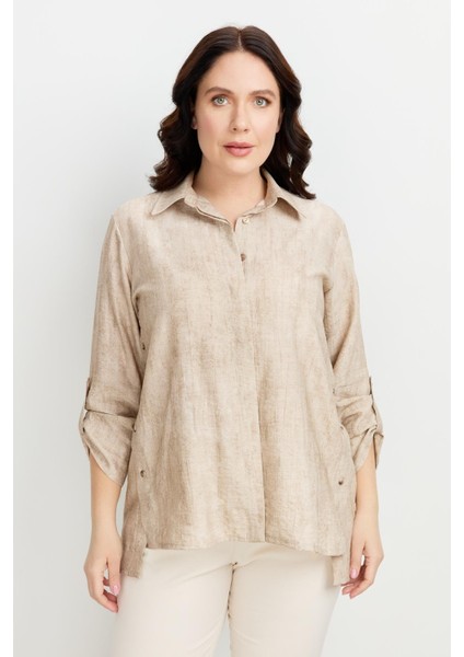 Büyük Beden Eskitme Desen Gömlek-Taş