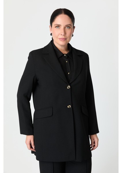 Büyük Beden Çift Düğmeli Krep Ceket-Siyah