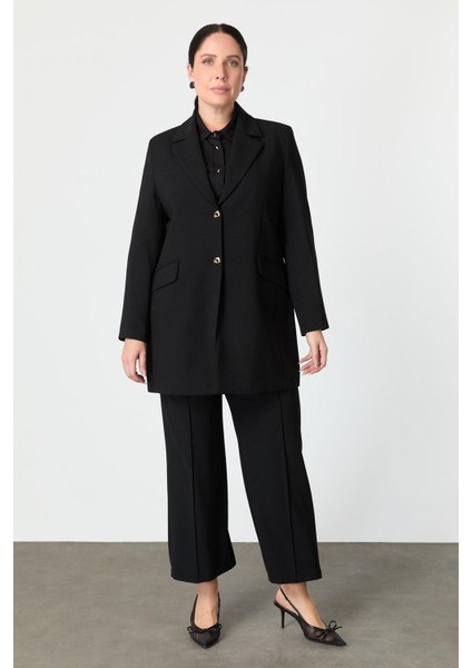 Büyük Beden Çift Düğmeli Krep Ceket-Siyah fiyatları