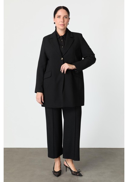Büyük Beden Çift Düğmeli Krep Ceket-Siyah modelleri