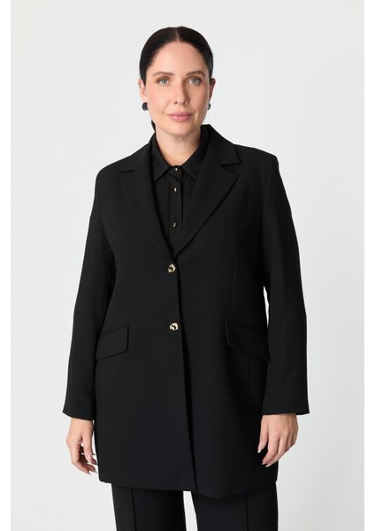 Büyük Beden Çift Düğmeli Krep Ceket-Siyah fırsatları