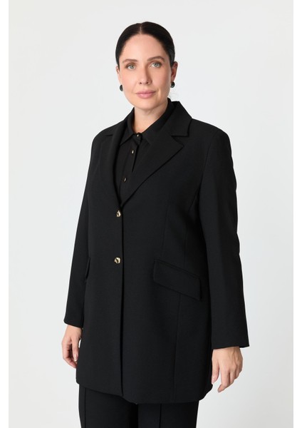 Büyük Beden Çift Düğmeli Krep Ceket-Siyah indirimleri