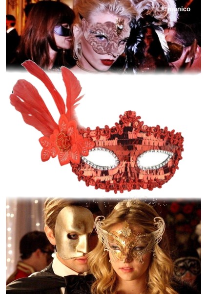 Kırmızı Tüylü Payetli Parti Maskesi 18X22 Cm, Yandan Tüylü | Maskeli Balo ve Kostüm Aksesuarı