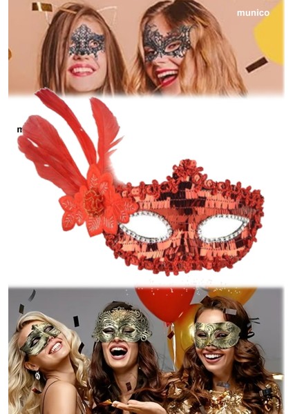 Kırmızı Tüylü Payetli Parti Maskesi 18X22 Cm, Yandan Tüylü | Maskeli Balo ve Kostüm Aksesuarı fırsatları