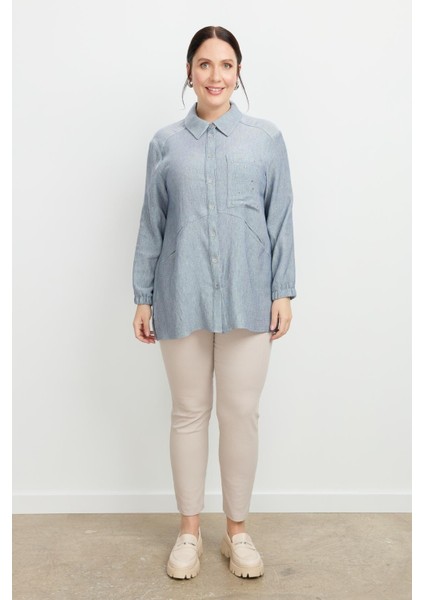 Büyük Beden Cep Detay Gömlek-Mavi