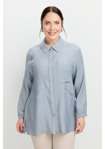 Büyük Beden Cep Detay Gömlek-Mavi