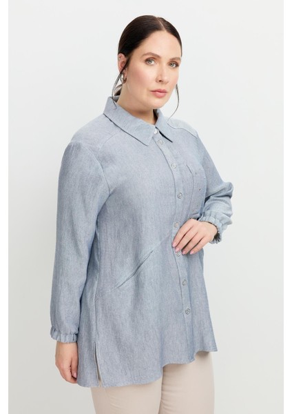 Büyük Beden Cep Detay Gömlek-Mavi