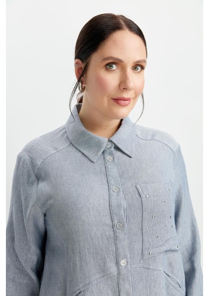 Büyük Beden Cep Detay Gömlek-Mavi