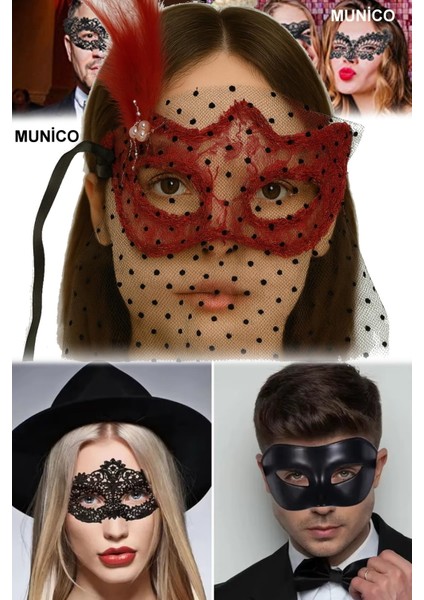 3 Adet Kırmızı Duvaklı Maske Ince Işçilikli Dantel Ayarlanabilir Bant Karnaval ve Sahne Performans