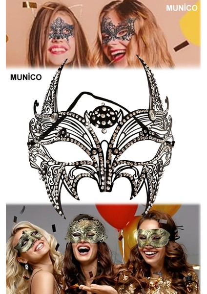 3 Adet Kristal Taşlı Siyah Metal Maske Lazer Kesim, Gümüş Detaylı Balo ve Özel Geceler Için Lüks