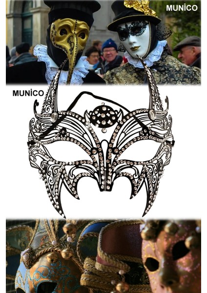 3 Adet Kristal Taşlı Siyah Metal Maske Lazer Kesim, Gümüş Detaylı Balo ve Özel Geceler Için Lüks modelleri