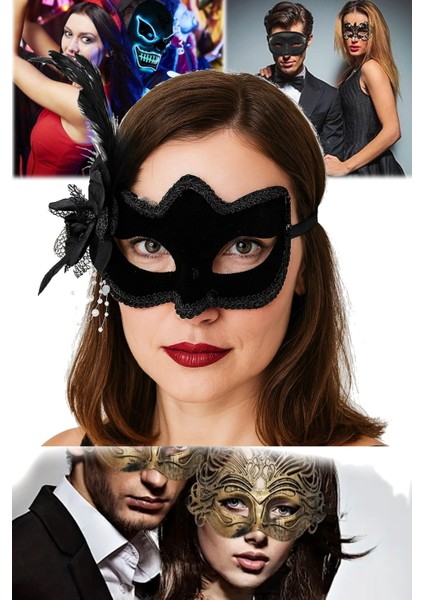 2 Adet Siyah Süet Parti Maskesi Yandan Tüylü, Inci Işlemeli | Maskeli Balo ve Kostüm Partileri Için