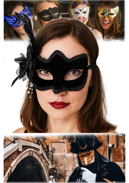 2 Adet Siyah Süet Parti Maskesi Yandan Tüylü, Inci Işlemeli | Maskeli Balo ve Kostüm Partileri Için modelleri