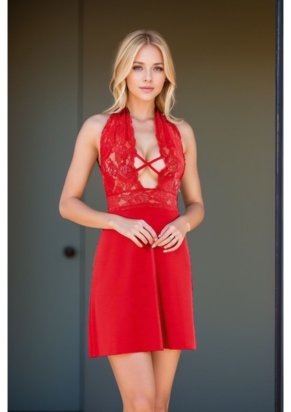 Transparan & Dantel Detaylı Mini Gecelik - String Külot 2'li Takım