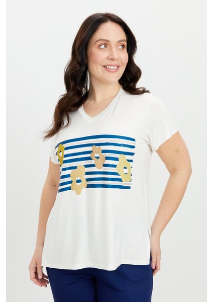 Büyük Beden Baskı Detay Bluz-Kemık