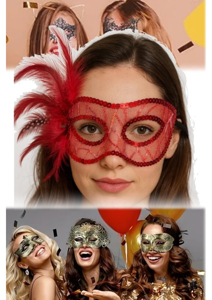 2 Adet Şık Kırmızı Maske Tüylü ve Pullu Tasarım, 23X12 cm | Kostüm Partileri ve Fotoğraf Çekimi Için modelleri