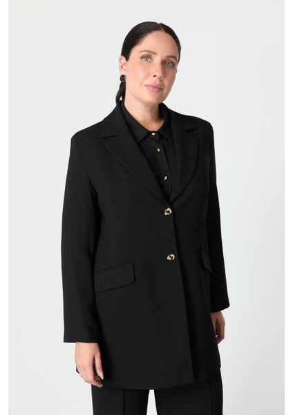 Büyük Beden Çift Düğmeli Krep Ceket-Siyah