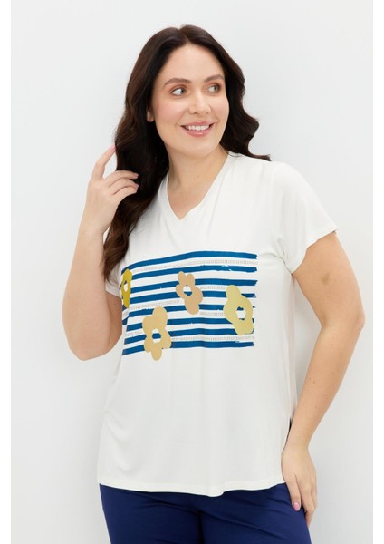 Büyük Beden Baskı Detay Bluz-Kemık