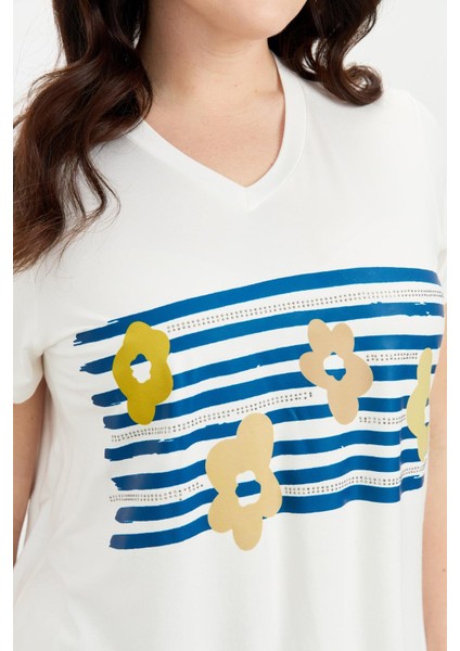 Büyük Beden Baskı Detay Bluz-Kemık