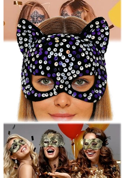 3 Adet Mor Beyaz Payetli Siyah Maske Kadife Kumaşlı, Şık Rahat Maskeli Balo ve Kostüm Partisi Için